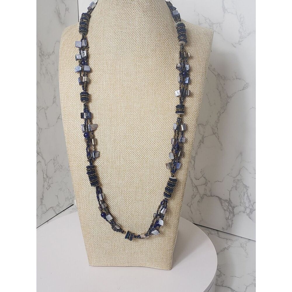 Elaborate Multi-Strand Seed Bead Necklace Blue & Bronze